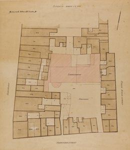 214724 Plattegrond van het bouwblok gelegen tussen de Oudegracht / Hamburgerstraat / Korte Nieuwstraat te Utrecht; met ...